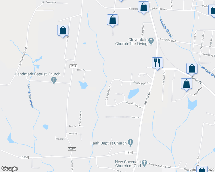 map of restaurants, bars, coffee shops, grocery stores, and more near 331 Daniel Paul Drive in Archdale