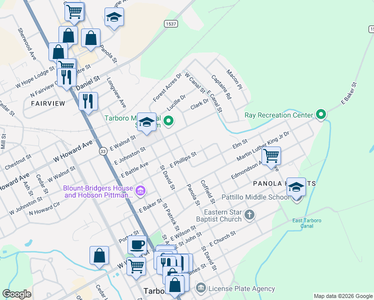 map of restaurants, bars, coffee shops, grocery stores, and more near 1013 Romaine Street in Tarboro