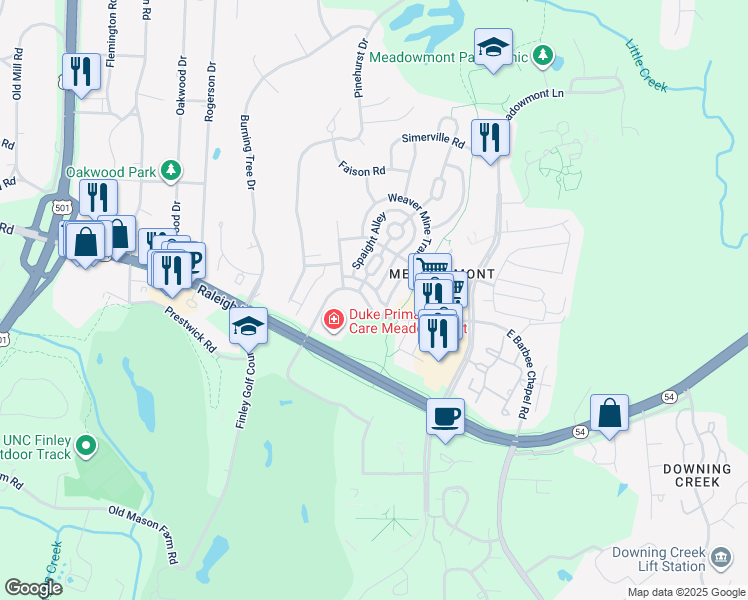 map of restaurants, bars, coffee shops, grocery stores, and more near 210 West Barbee Chapel Road in Chapel Hill