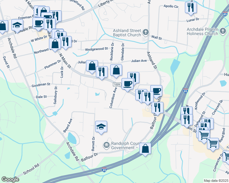 map of restaurants, bars, coffee shops, grocery stores, and more near 110 Columbus Avenue in Archdale