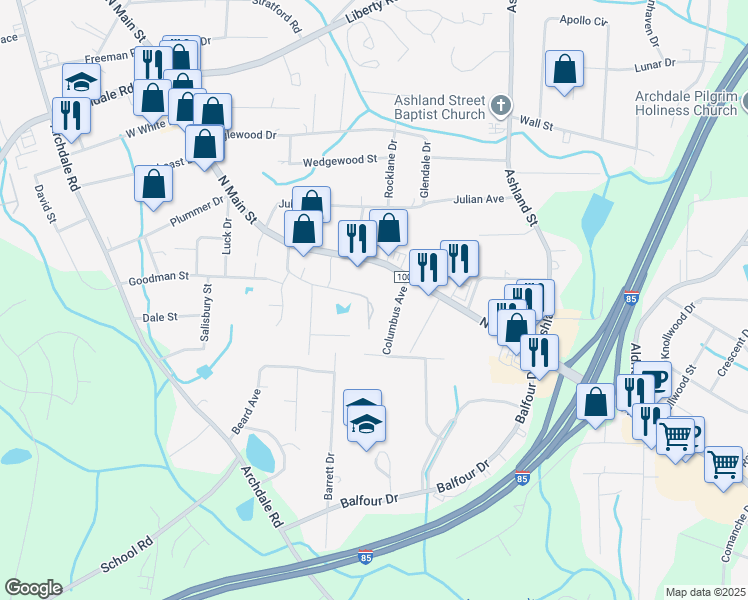map of restaurants, bars, coffee shops, grocery stores, and more near 106 Shamrock Court in Archdale