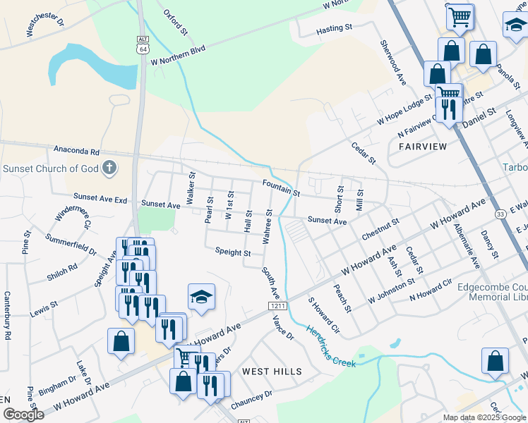map of restaurants, bars, coffee shops, grocery stores, and more near 310 Wahree Street in Tarboro