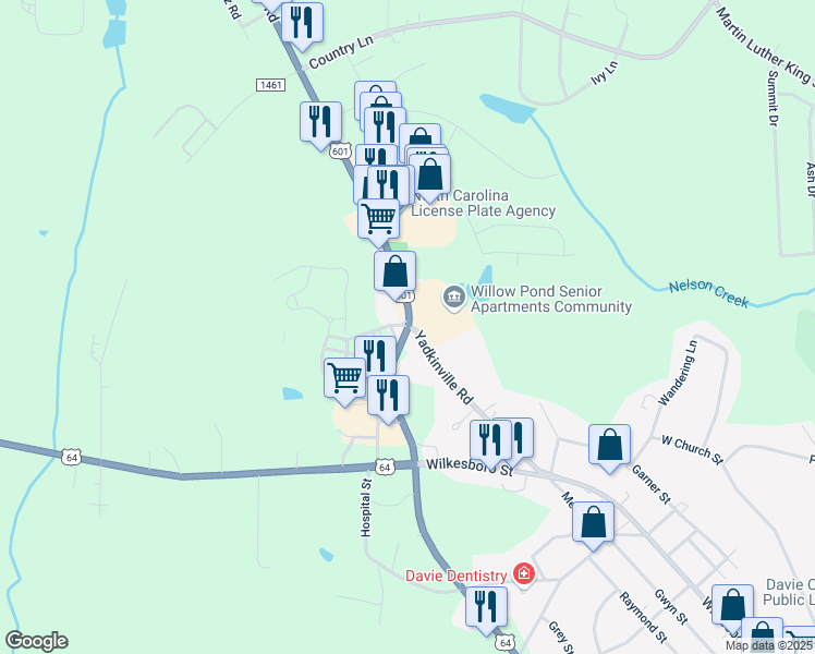 map of restaurants, bars, coffee shops, grocery stores, and more near 120 Boxwood Village Drive in Mocksville
