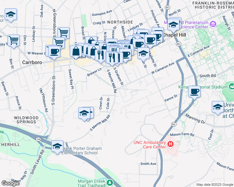 map of restaurants, bars, coffee shops, grocery stores, and more near 405 South Merritt Mill Road in Chapel Hill
