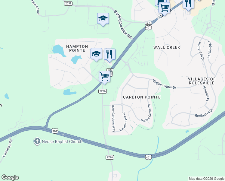 map of restaurants, bars, coffee shops, grocery stores, and more near 4521 Vineyard Pine Lane in Wake Forest