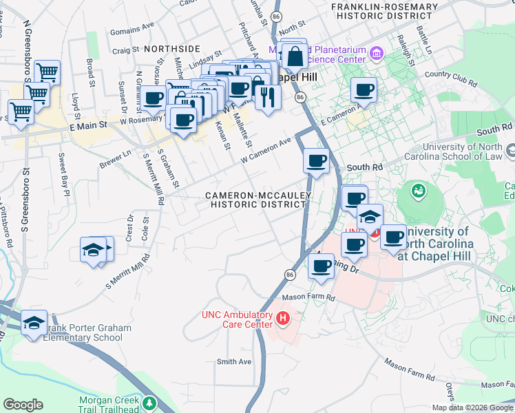 map of restaurants, bars, coffee shops, grocery stores, and more near in Chapel Hill