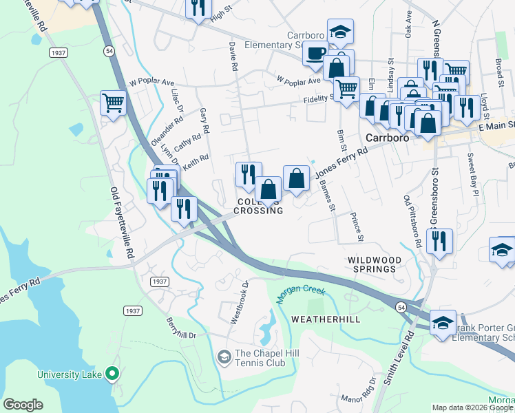 map of restaurants, bars, coffee shops, grocery stores, and more near in Carrboro