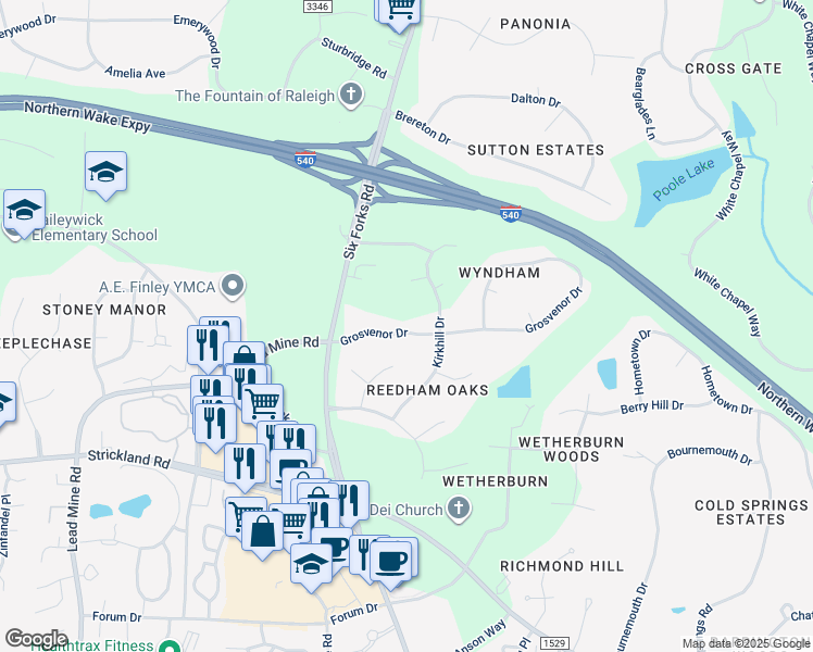map of restaurants, bars, coffee shops, grocery stores, and more near 121 Grosvenor Drive in Raleigh