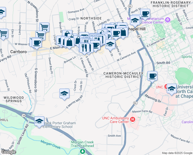 map of restaurants, bars, coffee shops, grocery stores, and more near in Chapel Hill
