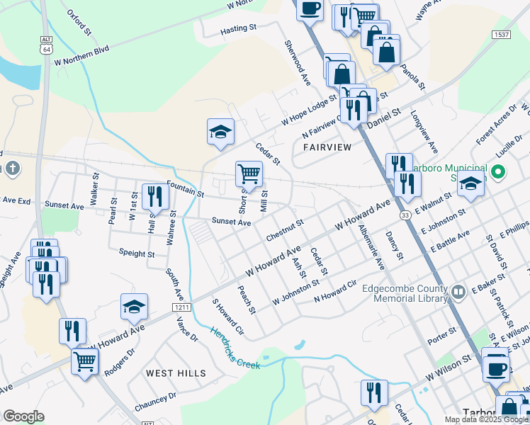 map of restaurants, bars, coffee shops, grocery stores, and more near 624 Linden Street in Tarboro