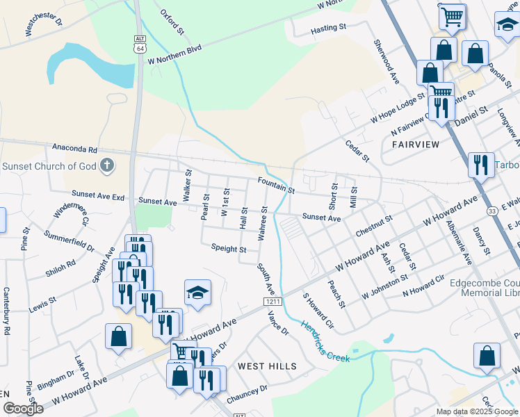 map of restaurants, bars, coffee shops, grocery stores, and more near 310 Wahree Street in Tarboro