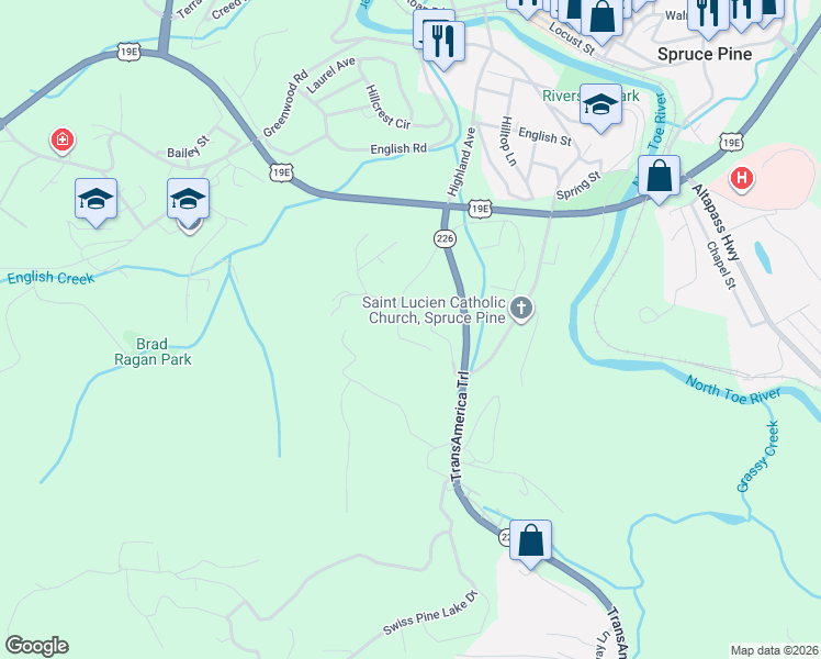 map of restaurants, bars, coffee shops, grocery stores, and more near 209 Hollifield Street in Spruce Pine