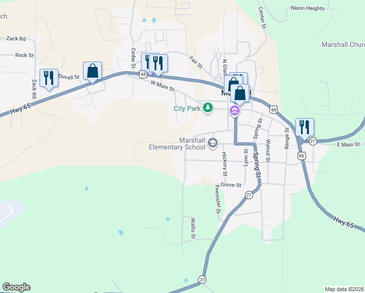 map of restaurants, bars, coffee shops, grocery stores, and more near 400 Canaan Road in Marshall