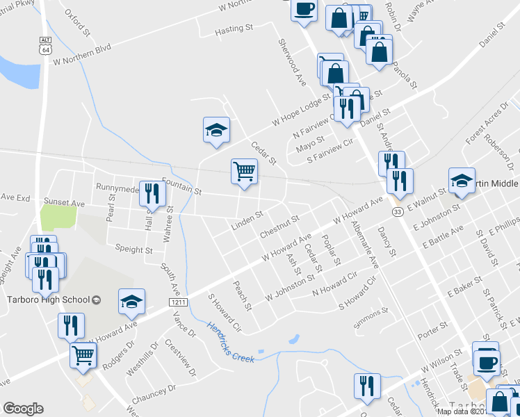 map of restaurants, bars, coffee shops, grocery stores, and more near 624 Linden Street in Tarboro