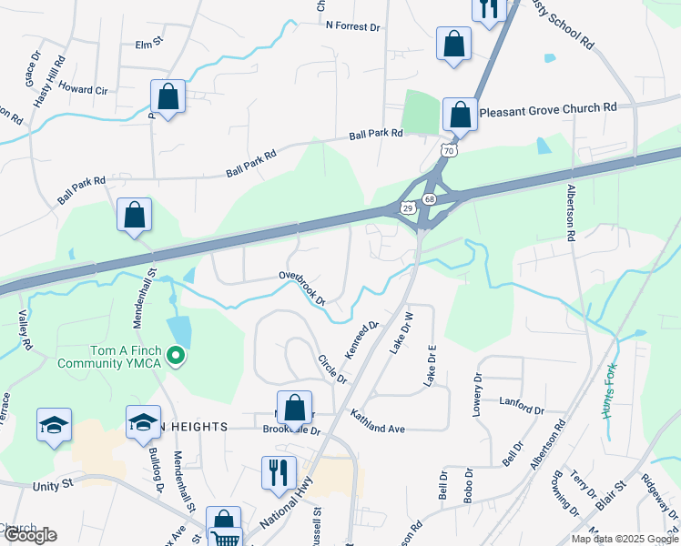 map of restaurants, bars, coffee shops, grocery stores, and more near 921 Overbrook Drive in Thomasville