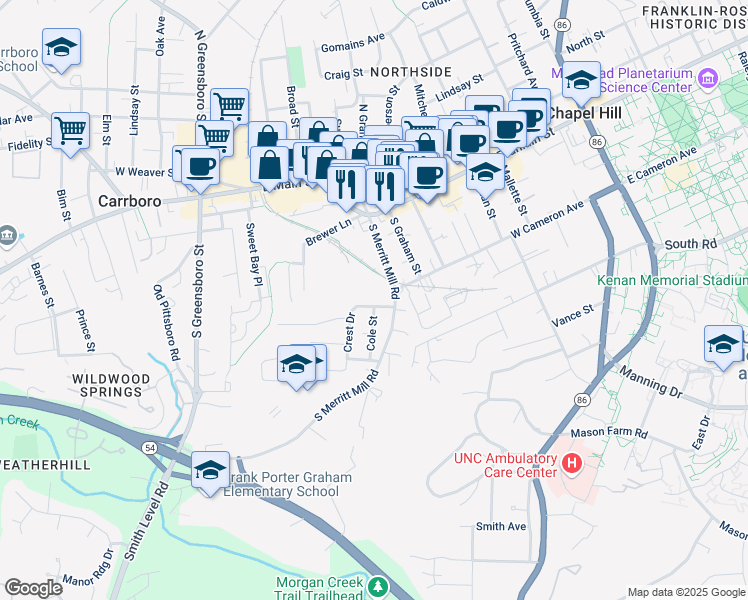map of restaurants, bars, coffee shops, grocery stores, and more near 106 Crest Drive in Chapel Hill