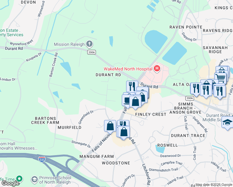 map of restaurants, bars, coffee shops, grocery stores, and more near 2008 Upland Court in Raleigh