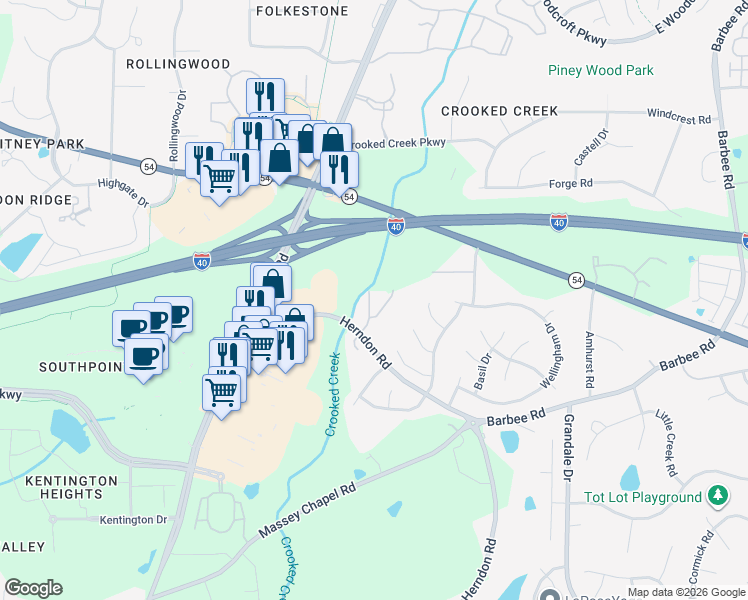 map of restaurants, bars, coffee shops, grocery stores, and more near 6512 Clarksdale Lane in Durham