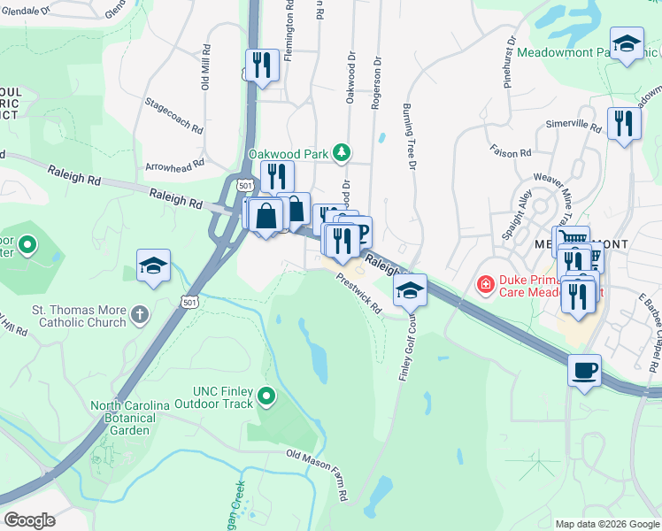 map of restaurants, bars, coffee shops, grocery stores, and more near 2210 Environ Way in Chapel Hill