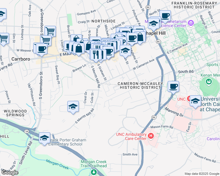 map of restaurants, bars, coffee shops, grocery stores, and more near in Chapel Hill