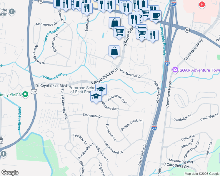 map of restaurants, bars, coffee shops, grocery stores, and more near 409 Valleyview Drive in Franklin