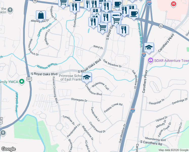 map of restaurants, bars, coffee shops, grocery stores, and more near 409 Valleyview Drive in Franklin