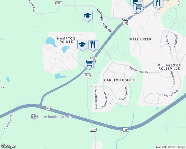 map of restaurants, bars, coffee shops, grocery stores, and more near 4521 Vineyard Pine Lane in Wake Forest