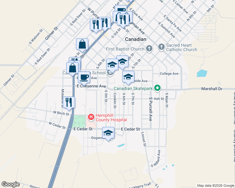 map of restaurants, bars, coffee shops, grocery stores, and more near 707 Conklin Street in Canadian