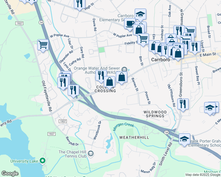 map of restaurants, bars, coffee shops, grocery stores, and more near 501 Jones Ferry Road in Carrboro