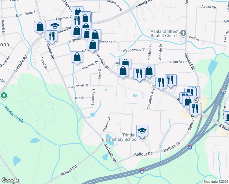 map of restaurants, bars, coffee shops, grocery stores, and more near 1312 Essex Square in Archdale