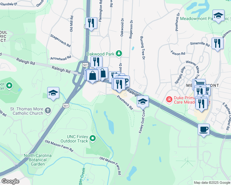 map of restaurants, bars, coffee shops, grocery stores, and more near 2210 Environ Way in Chapel Hill