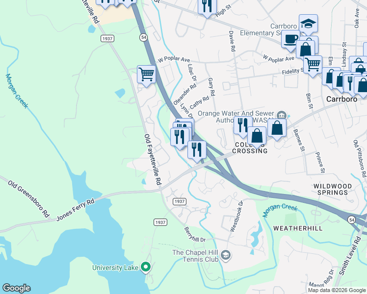 map of restaurants, bars, coffee shops, grocery stores, and more near 602 Jones Ferry Road in Carrboro