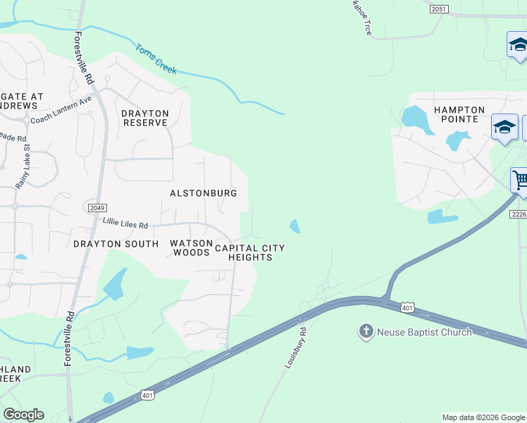 map of restaurants, bars, coffee shops, grocery stores, and more near 4528 Capital Heights Road in Wake Forest