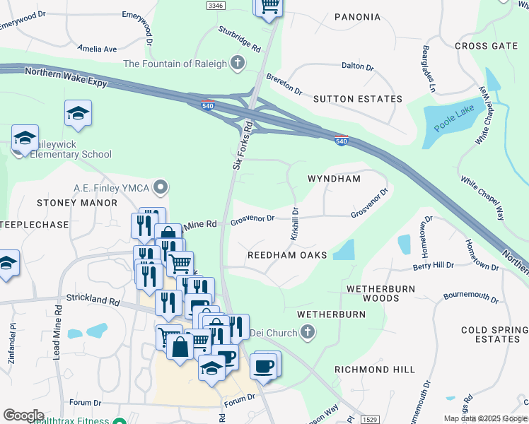 map of restaurants, bars, coffee shops, grocery stores, and more near 117 Grosvenor Drive in Raleigh