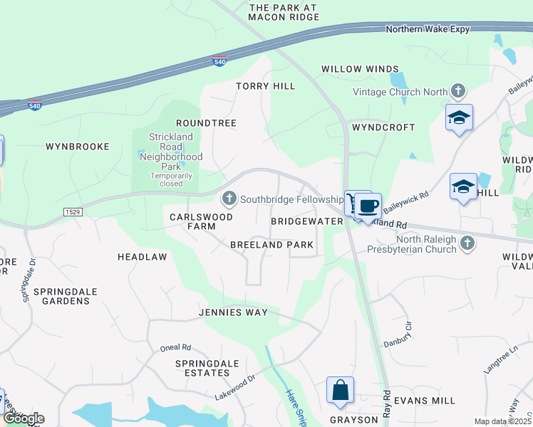 map of restaurants, bars, coffee shops, grocery stores, and more near 9021 Breeland Way in Raleigh
