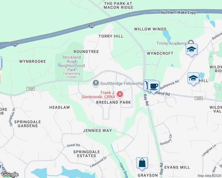 map of restaurants, bars, coffee shops, grocery stores, and more near 9021 Breeland Way in Raleigh