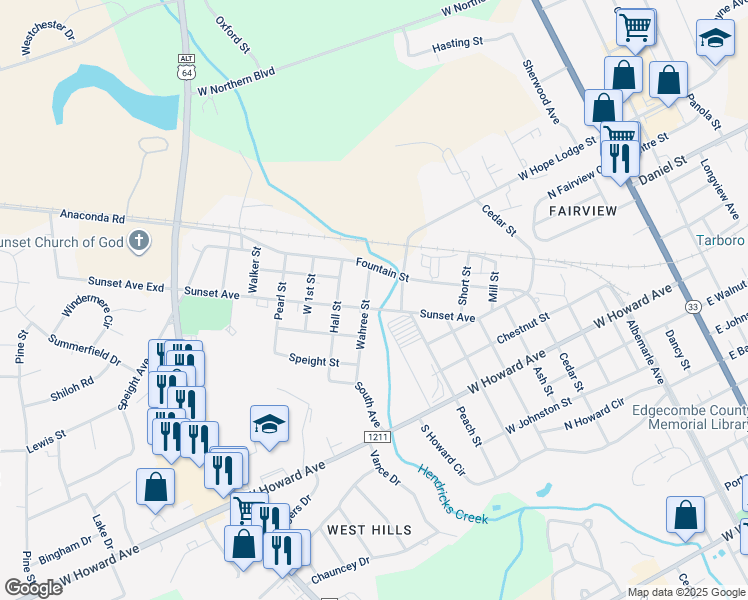 map of restaurants, bars, coffee shops, grocery stores, and more near 305 Wahree Street in Tarboro