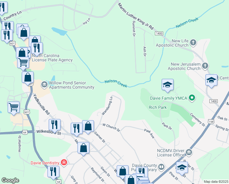 map of restaurants, bars, coffee shops, grocery stores, and more near 196 Wandering Lane in Mocksville