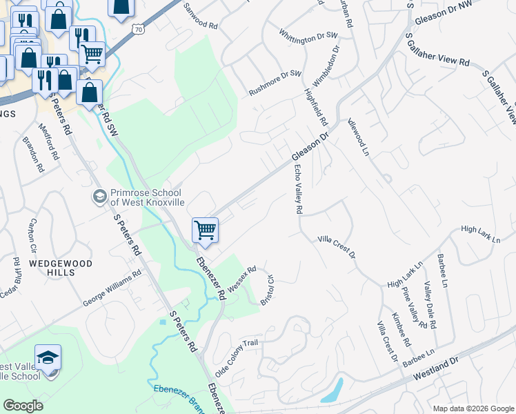 map of restaurants, bars, coffee shops, grocery stores, and more near 8821 Ashton Court in Knoxville