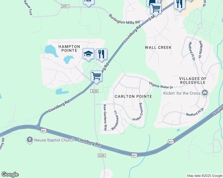 map of restaurants, bars, coffee shops, grocery stores, and more near Short Hills Lane in Rolesville