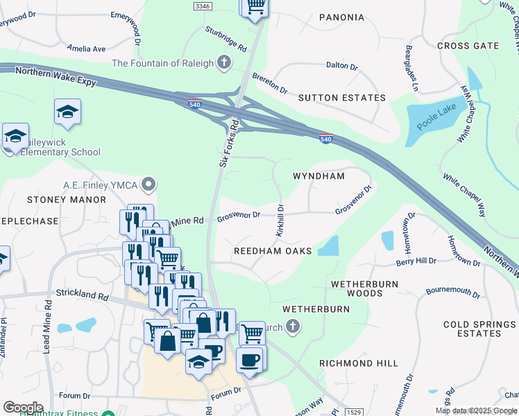 map of restaurants, bars, coffee shops, grocery stores, and more near 121 Grosvenor Drive in Raleigh