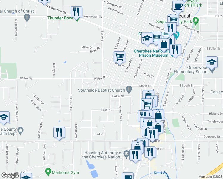 map of restaurants, bars, coffee shops, grocery stores, and more near 603 South Mission Avenue in Tahlequah