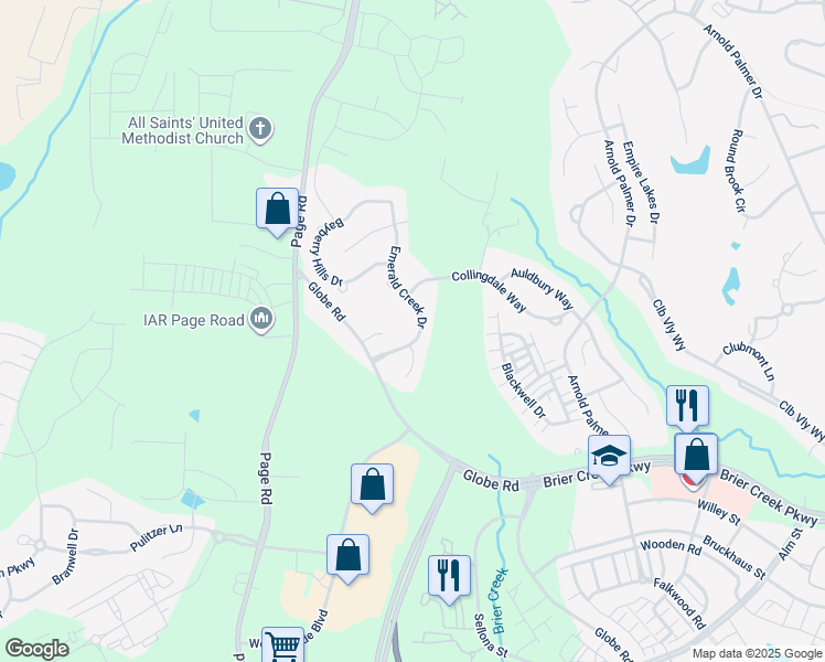 map of restaurants, bars, coffee shops, grocery stores, and more near 11105 Emerald Creek Drive in Raleigh