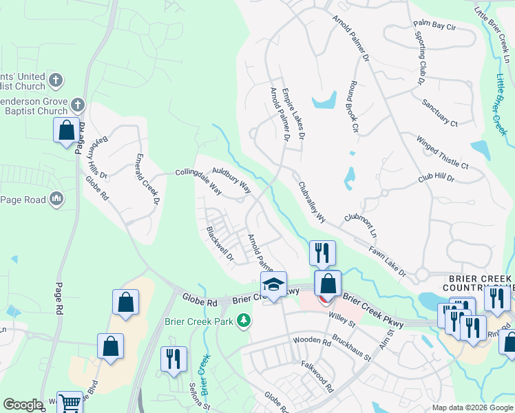 map of restaurants, bars, coffee shops, grocery stores, and more near 11608 Broadfield Court in Raleigh