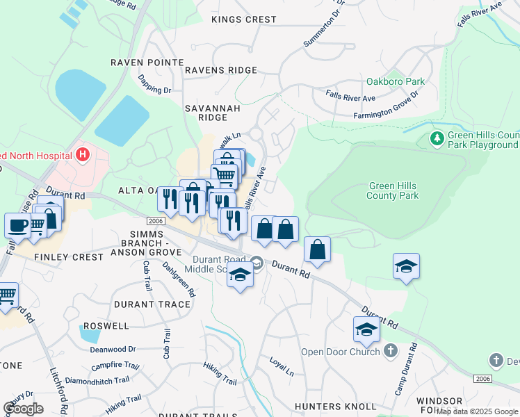 map of restaurants, bars, coffee shops, grocery stores, and more near 1130 Falls River Ave in Raleigh