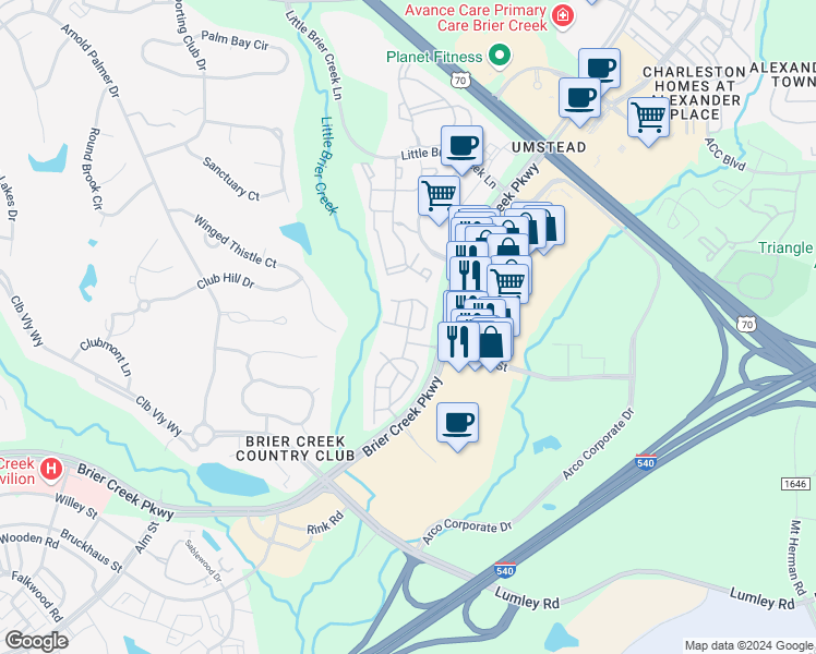 map of restaurants, bars, coffee shops, grocery stores, and more near 8300 Brass Mill Lane in Raleigh