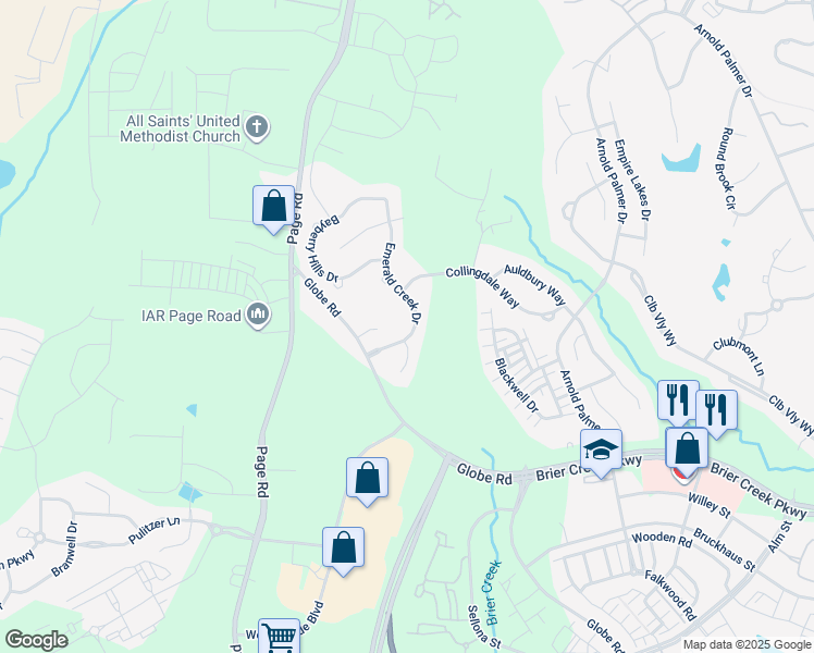map of restaurants, bars, coffee shops, grocery stores, and more near 11105 Emerald Creek Drive in Raleigh