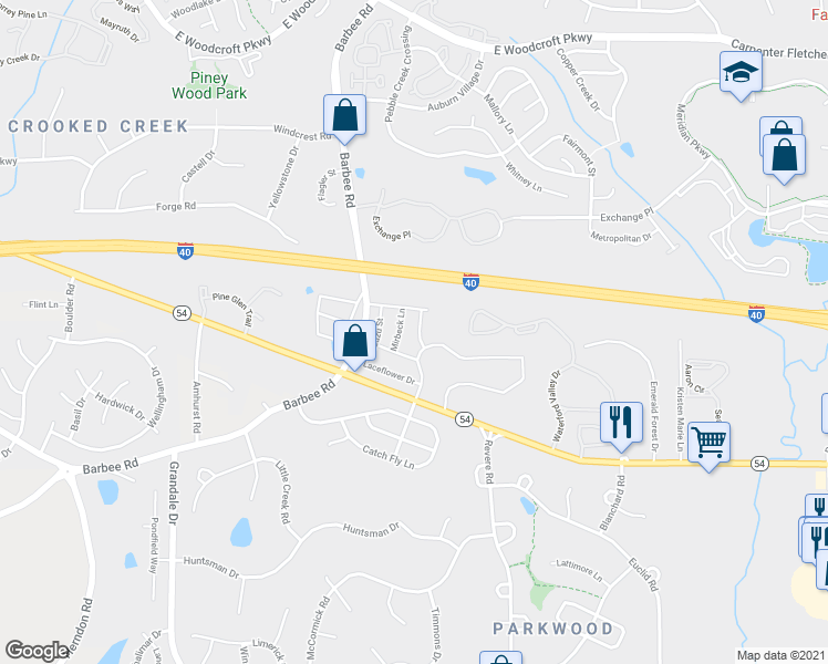 map of restaurants, bars, coffee shops, grocery stores, and more near 1021 Mirbeck Lane in Durham