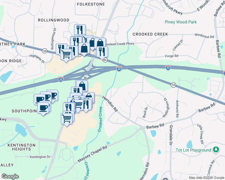 map of restaurants, bars, coffee shops, grocery stores, and more near 6512 Clarksdale Lane in Durham