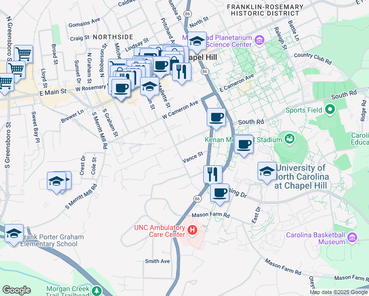 map of restaurants, bars, coffee shops, grocery stores, and more near in Chapel Hill